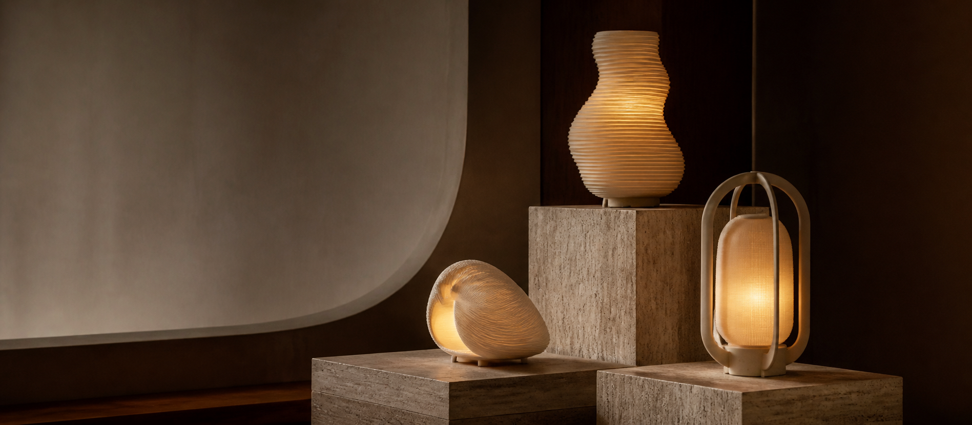 A collection of Lum 3D-printed lights on stone plinths